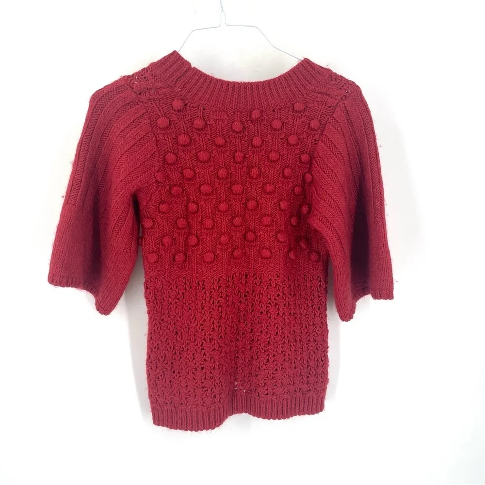 Sundance Red Wool Blend 3/4 Sleeve Knitted Pom Pom Crewneck Sweater